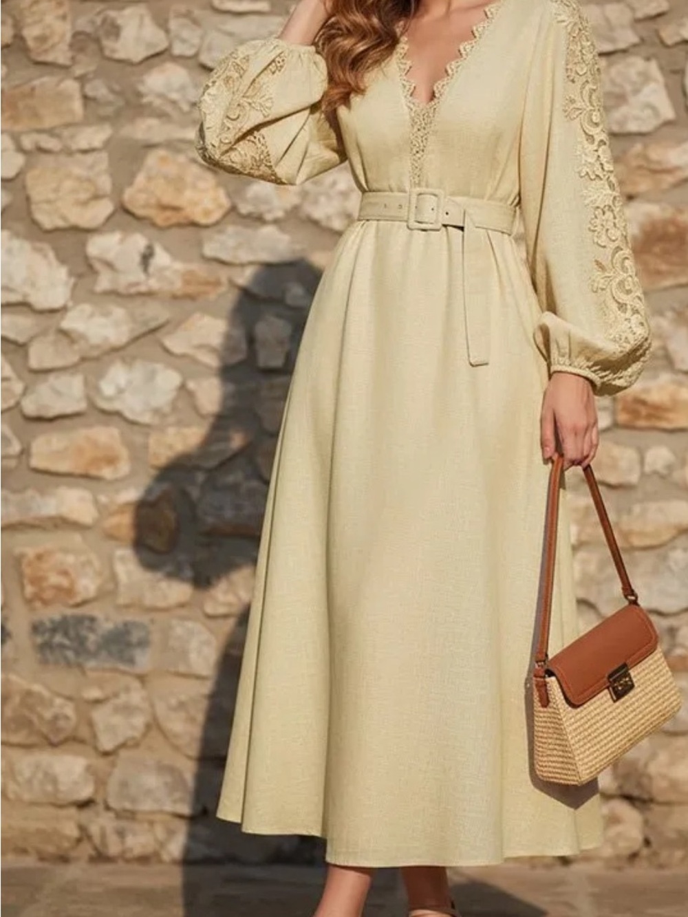Elegant Cream Embroidered V‑Neck Belted Midi Dress